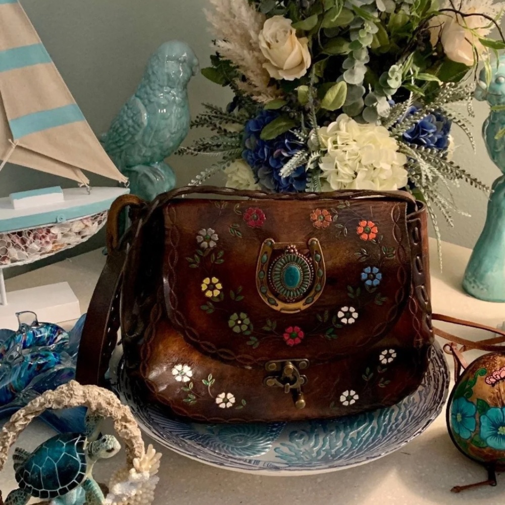 💐💙Very Rare! OOAK! Boho Vintage Floral Turquoise Horseshoe Handbag
